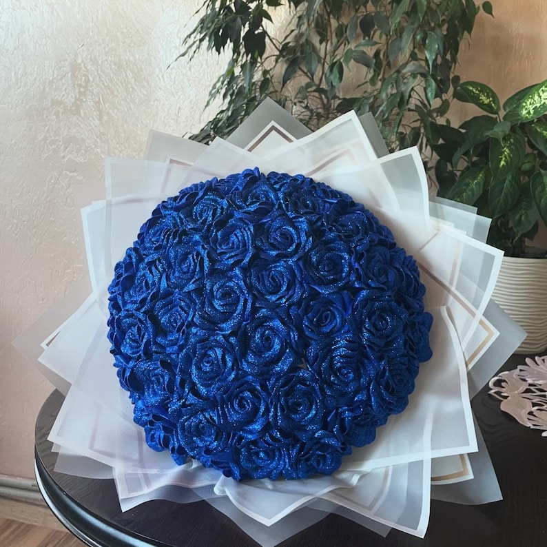 Glittering Crimson Ribbon Rose Bouquet in Midnight Black Wrap