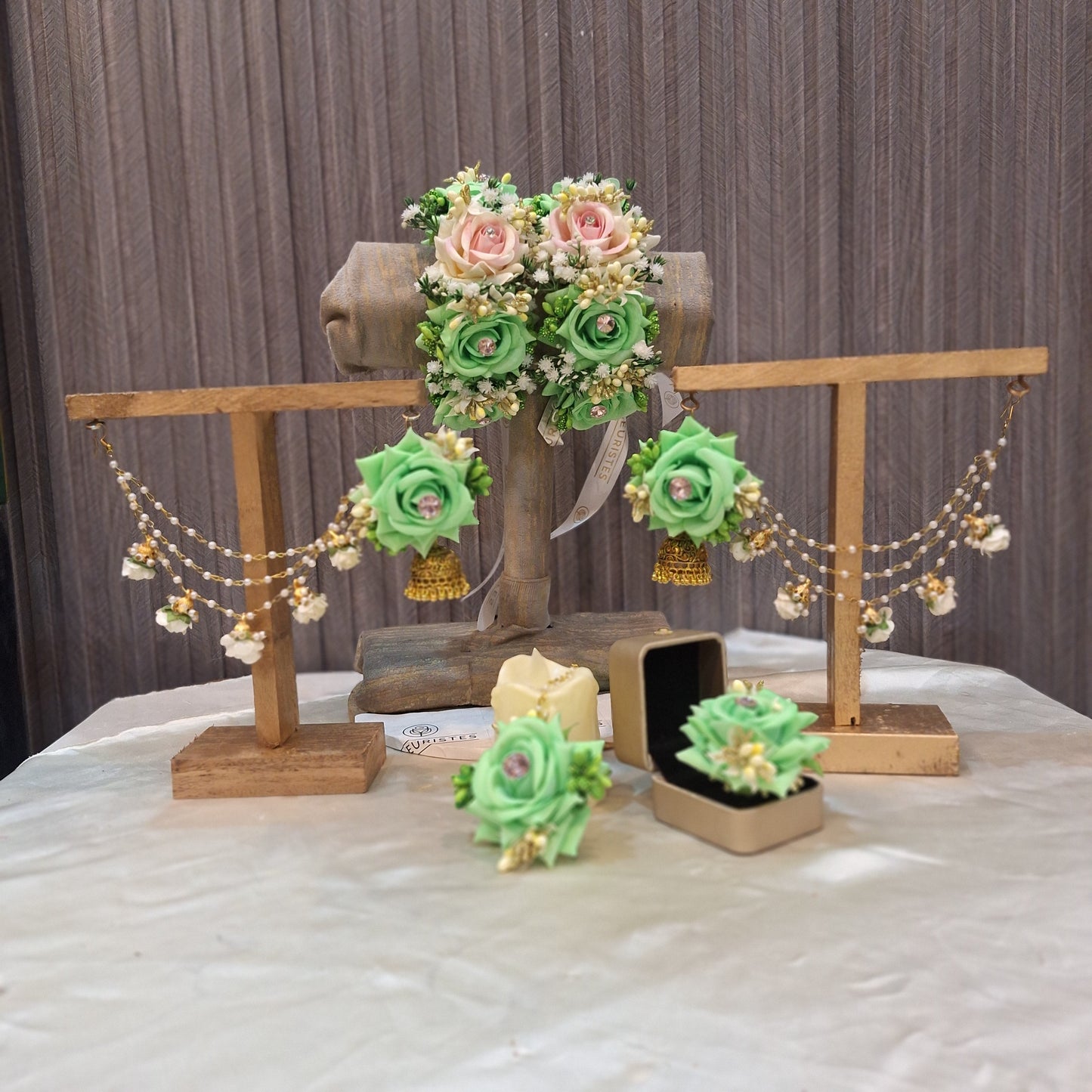 Mint Green & Blush Pink Floral Jewelry Set with Pearl Saharay
