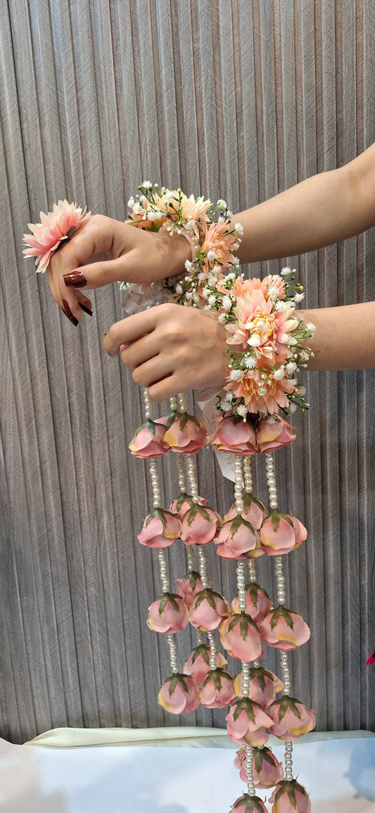 Elegant Peach Floral Kaleerey with Rose Hangings