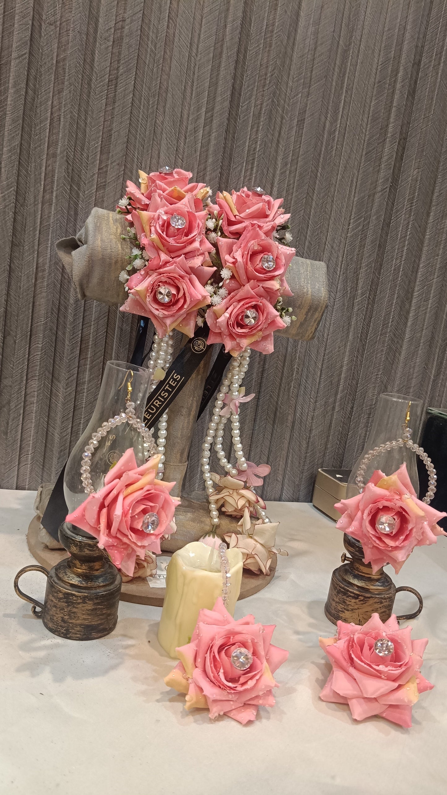 Blushing Pink Rose Floral Jewelry Set with Pearl Accents