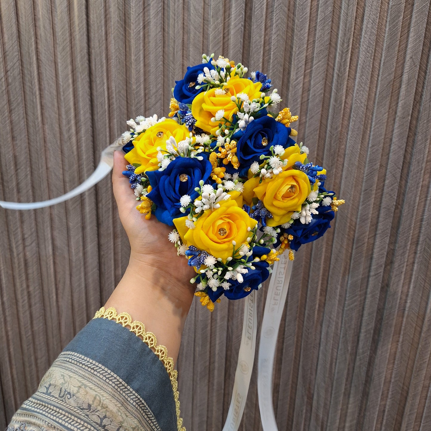 Royal Blue and Vibrant Yellow Rose Wrist Corsage