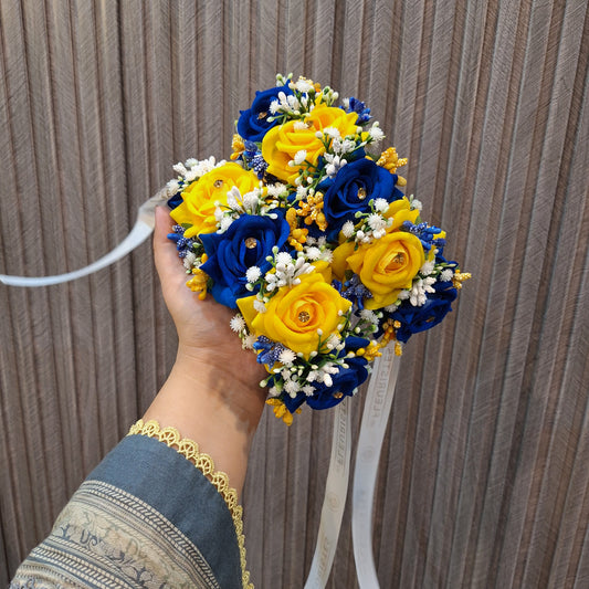 Royal Blue and Vibrant Yellow Rose Wrist Corsage