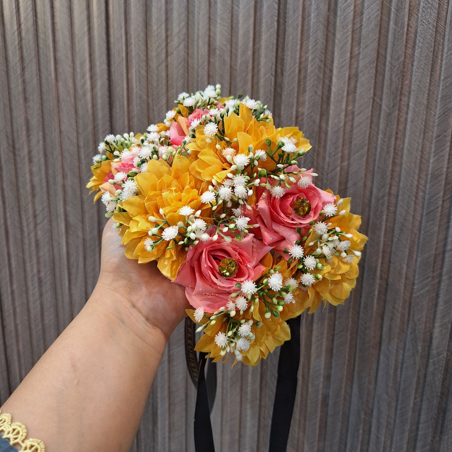 Elegant Pink & Yellow Floral Hair Gadjra with Crystal Accents