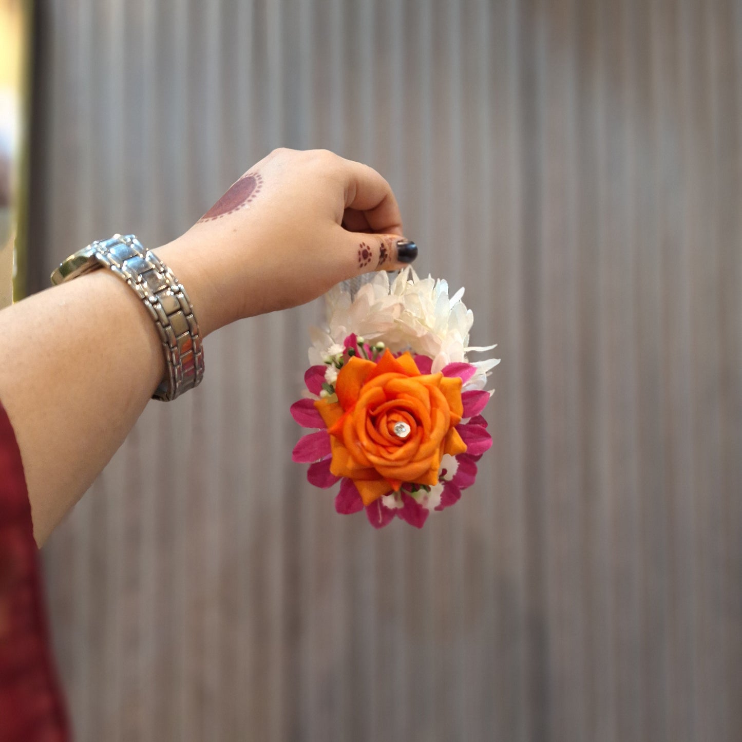 Handcrafted Orange & Magenta Floral Jewellery Set with Gajray