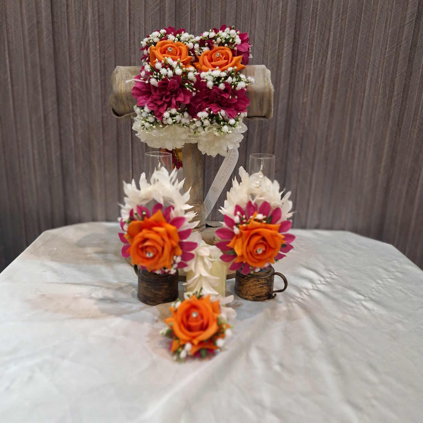 Handcrafted Orange & Magenta Floral Jewellery Set with Gajray
