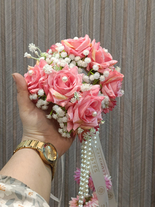 Elegant Pink Rose & Pearl Gajra with Floral Tassels