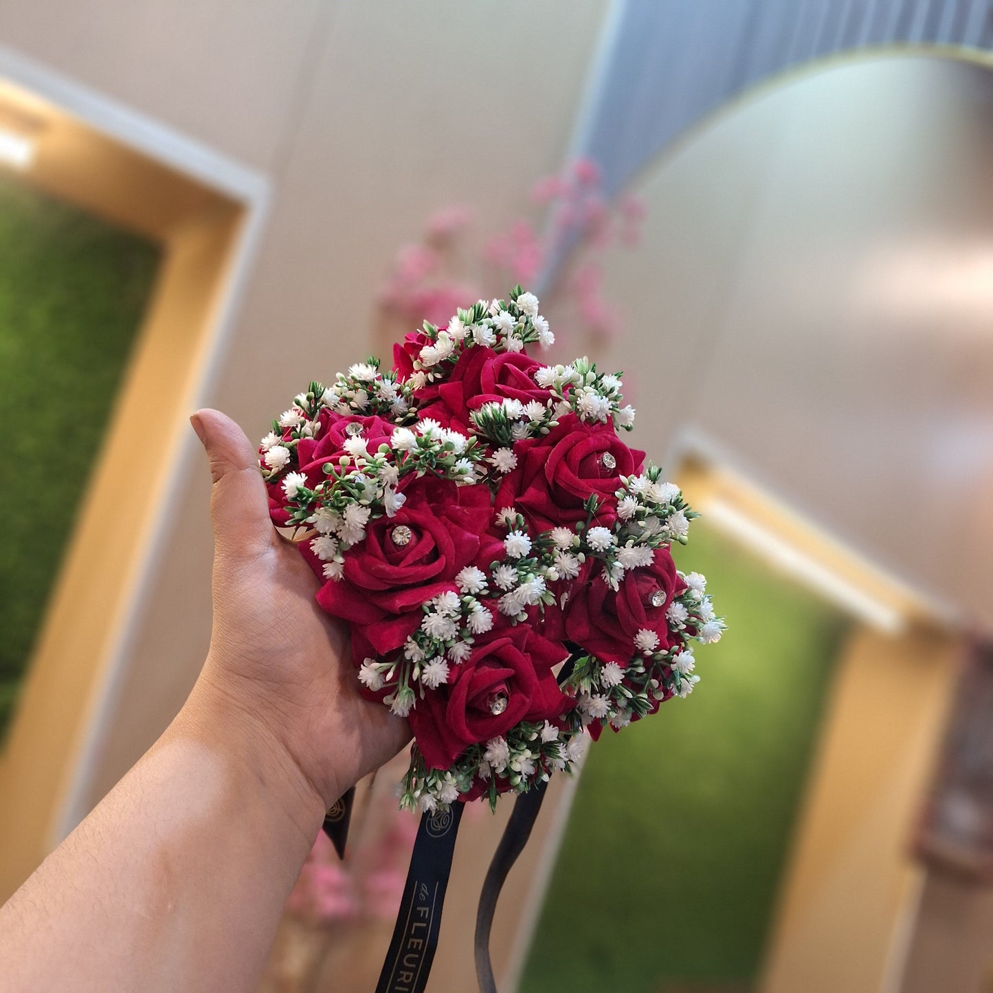 Deep Red Velvet Rose Hand Bouquet with Baby’s Breath
