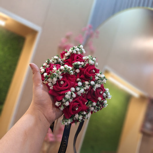 Deep Red Velvet Rose Hand Bouquet with Baby’s Breath