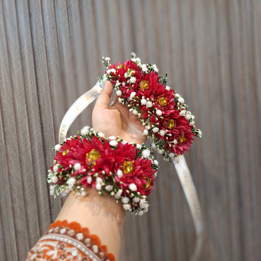 Red Floral Gaira with White Baby’s Breath and Golden Accents