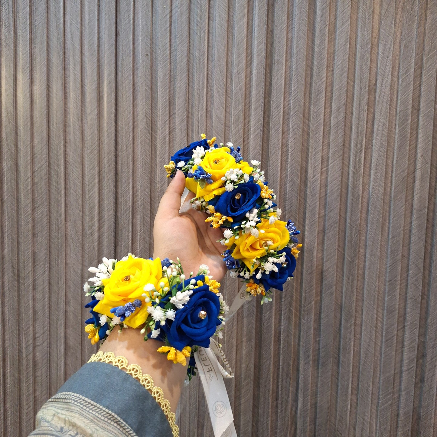Royal Blue and Vibrant Yellow Rose Wrist Corsage