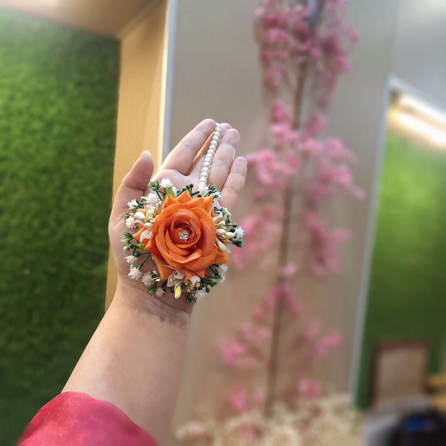 Orange Rose & Pearl Gaira (Floral Bang-Earring) with Baby’s Breath