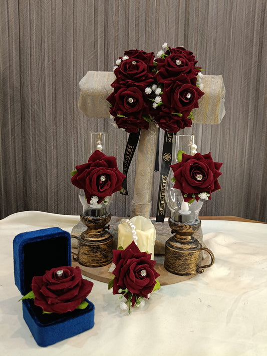 Handcrafted Deep Red Rose Floral Jewelry Set with Pearl Accents