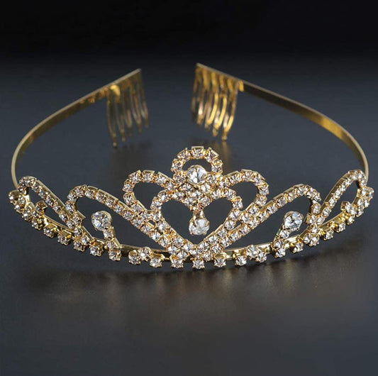 Elegant Gold Heart Crystal Tiara with Side Combs