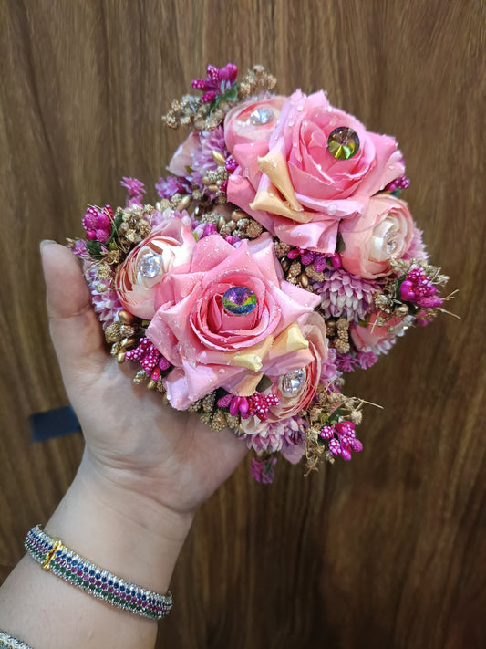 Elegant Pink Rose Floral Hair Gajara with Crystal Accents