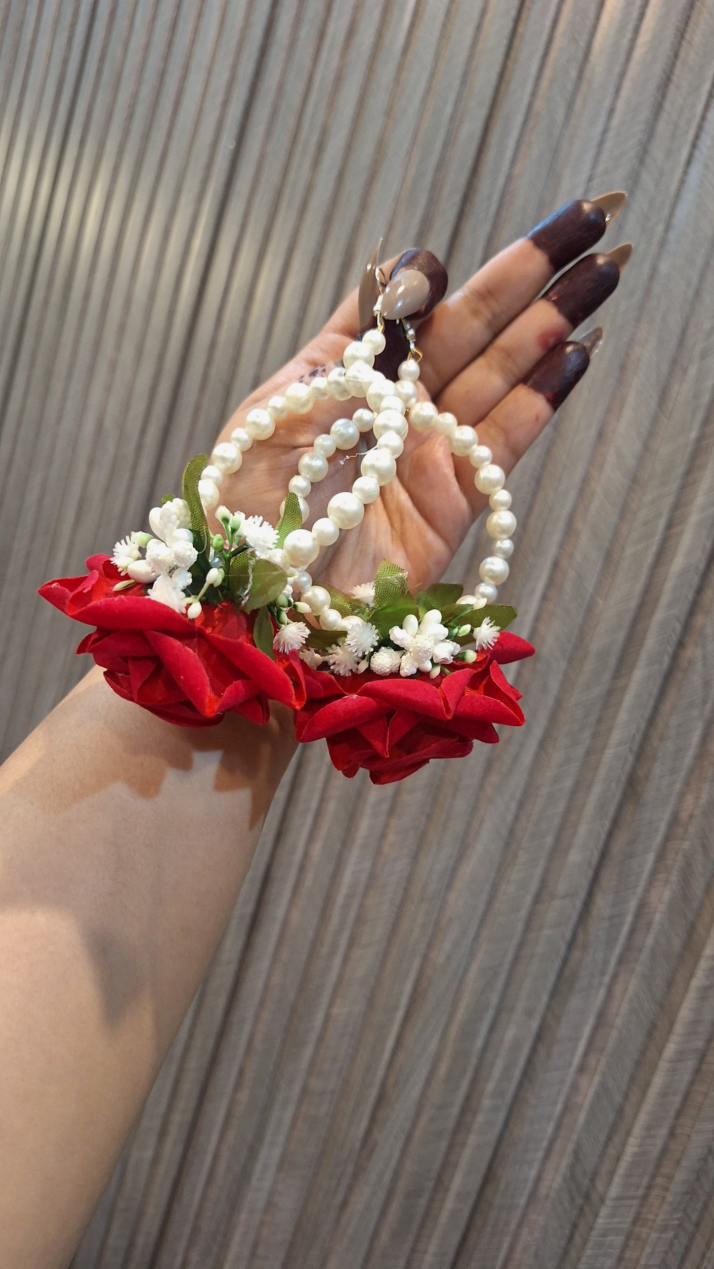 Elegant Red Rose & Pearl Hoop Floral Earrings