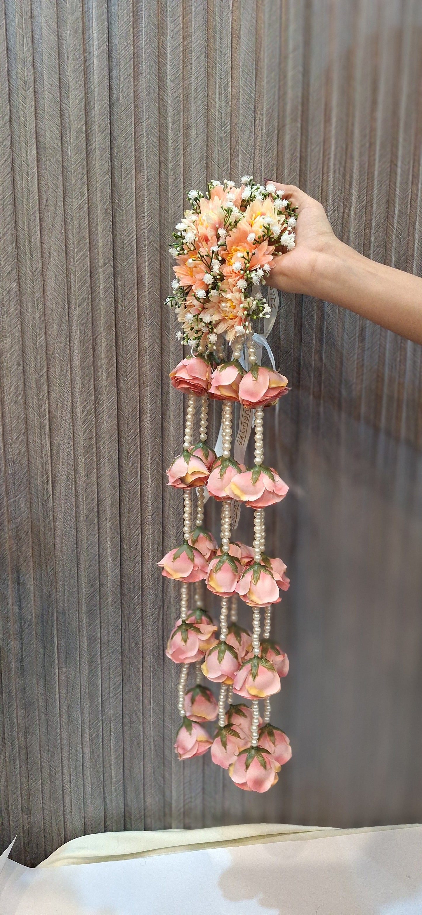 Elegant Peach Floral Kaleerey with Rose Hangings