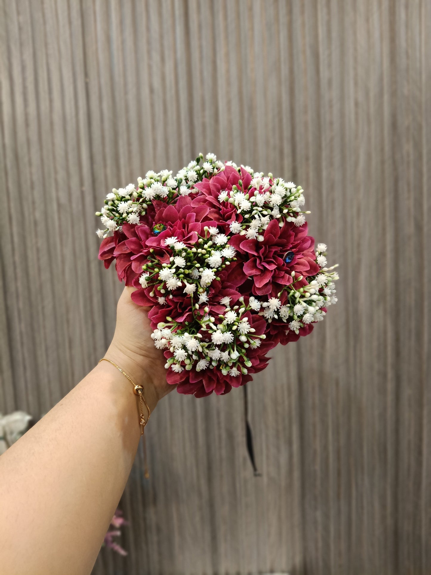 Maroon Dalia Bouquet with White Baby’s Breath Accents