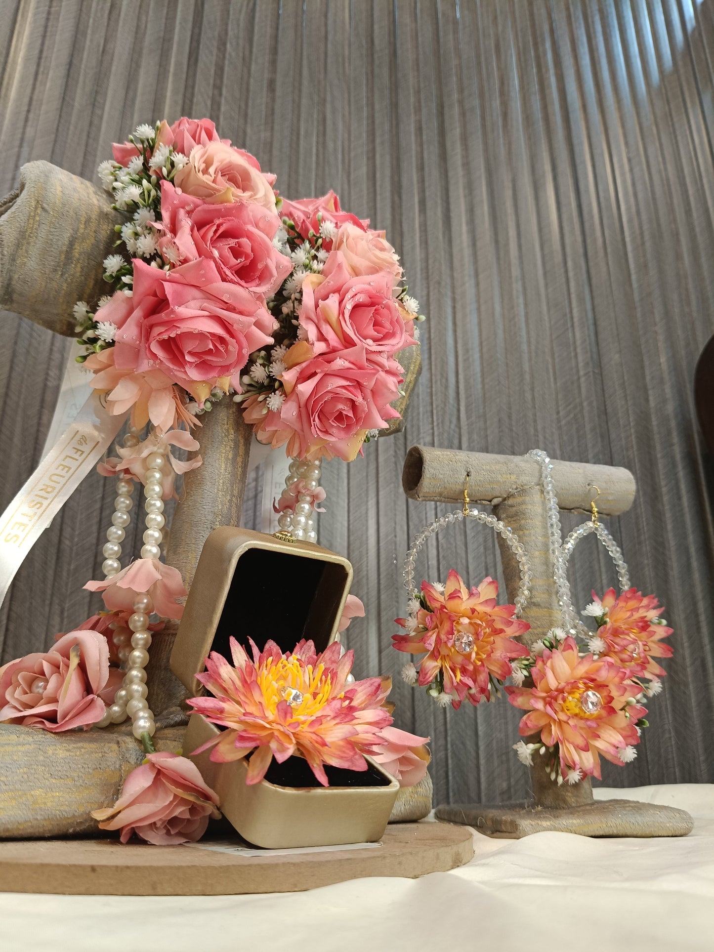 Blush Rose & Pearl Floral Jewelry Set with Jhumkas and Teeka