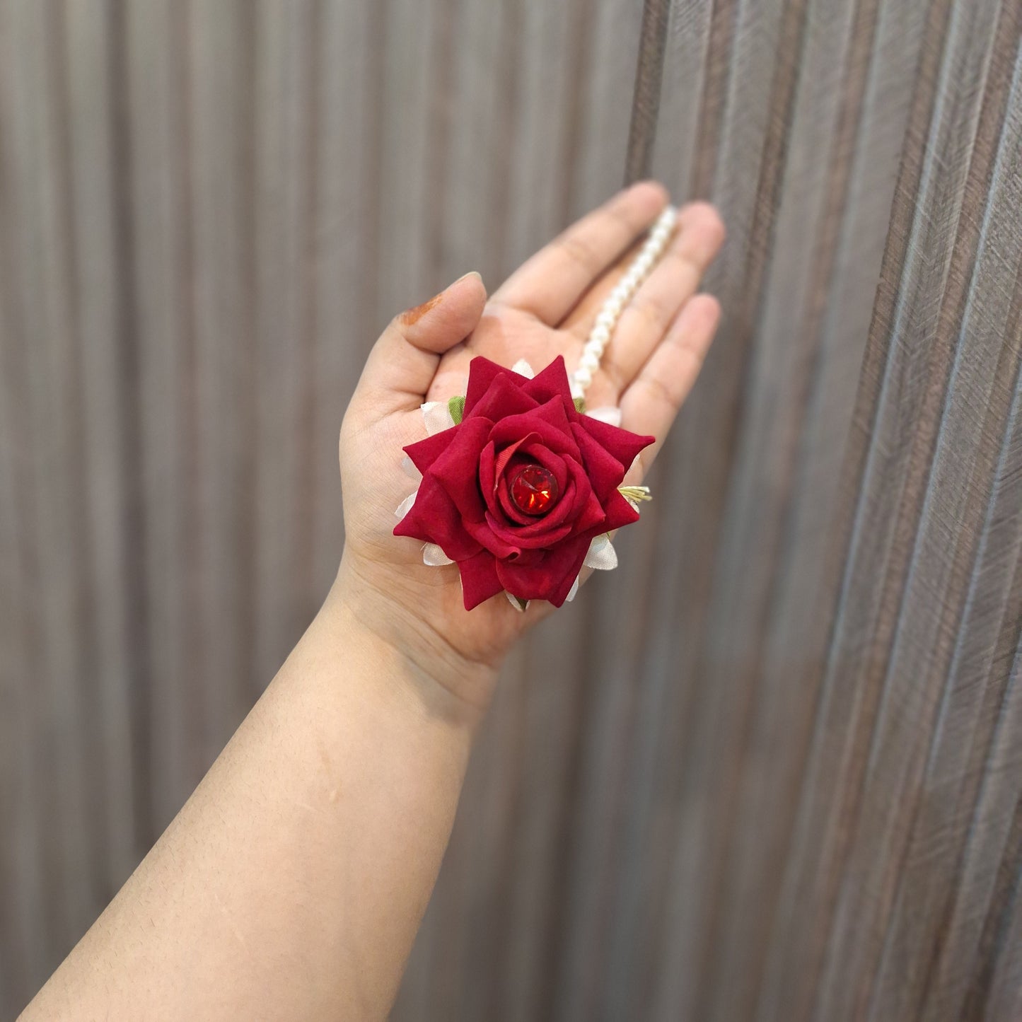 Red Rose & White Jasmine Floral Bracelet with Matching Earrings (Gajra Set)