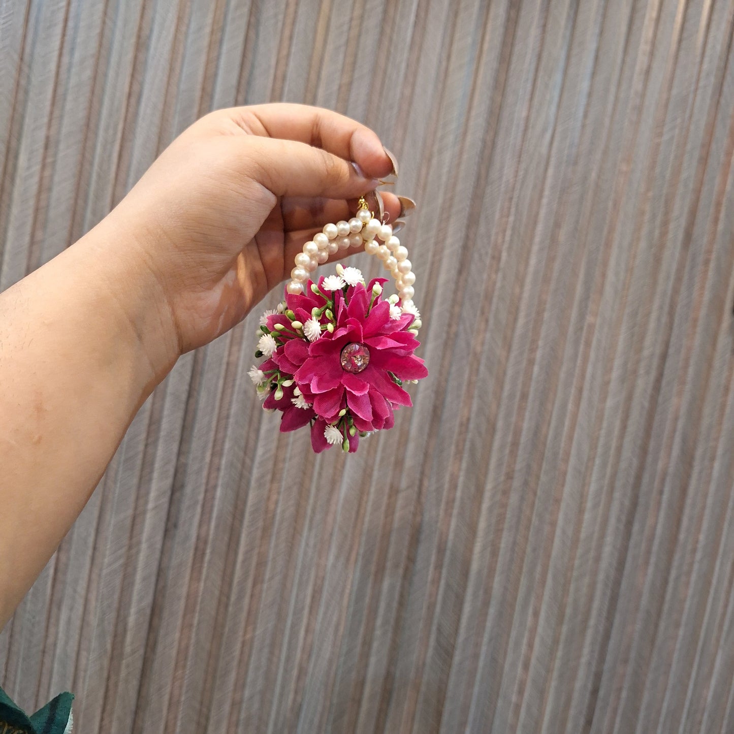 Hot Pink Floral Maang Tikka with White Jasmine Bud Chain