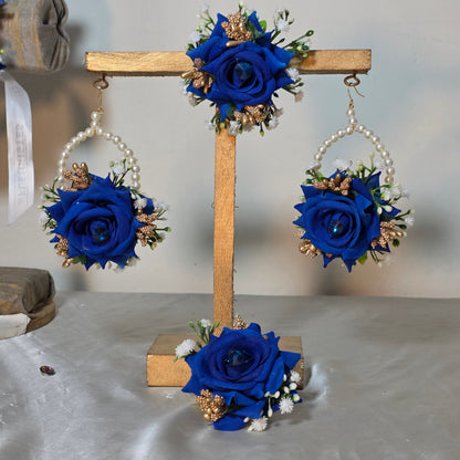 Royal Blue & Gold Floral Jewelry Set with Pearl Hoop Earrings