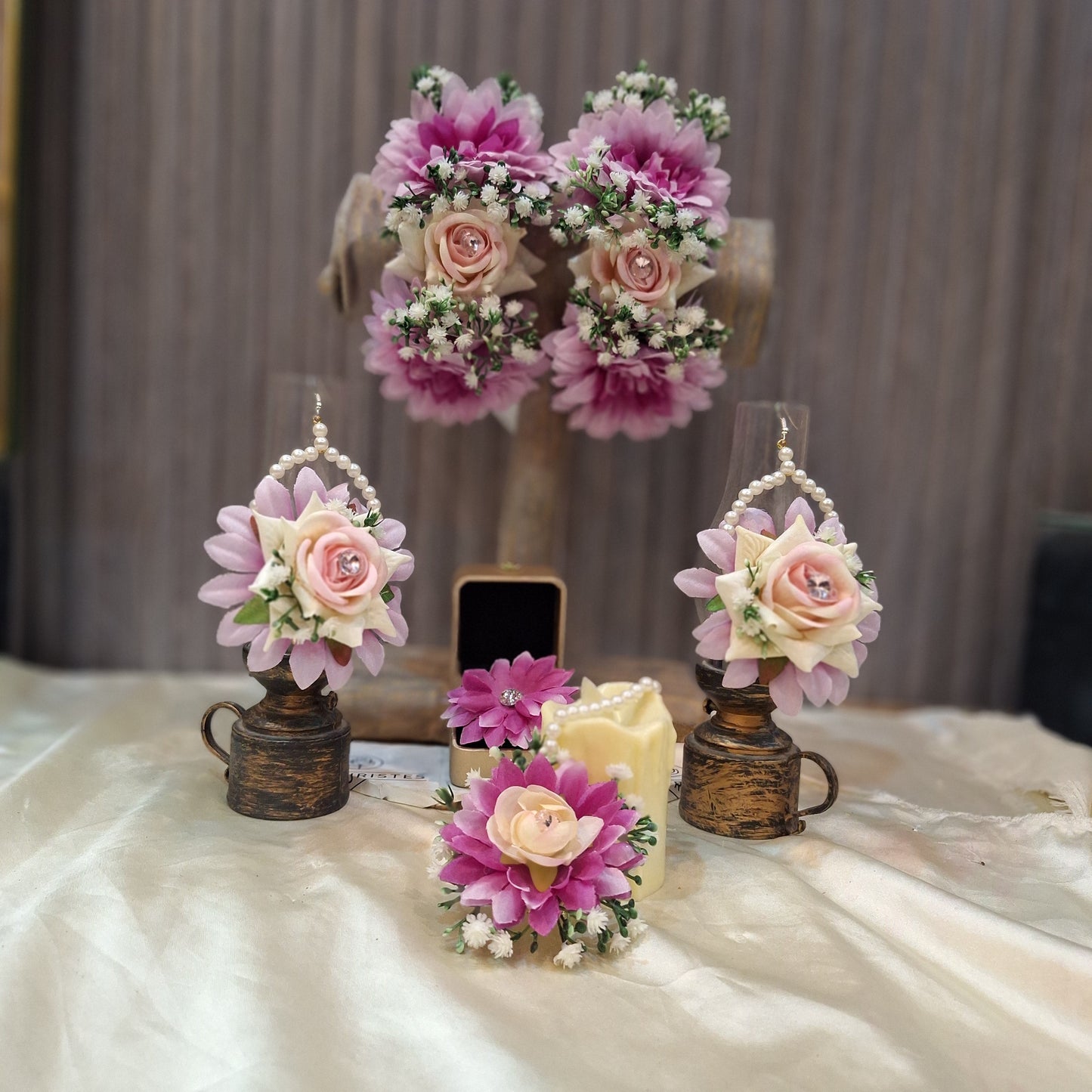 Lavender & Cream Floral Jewellery Set with Pearl Accents