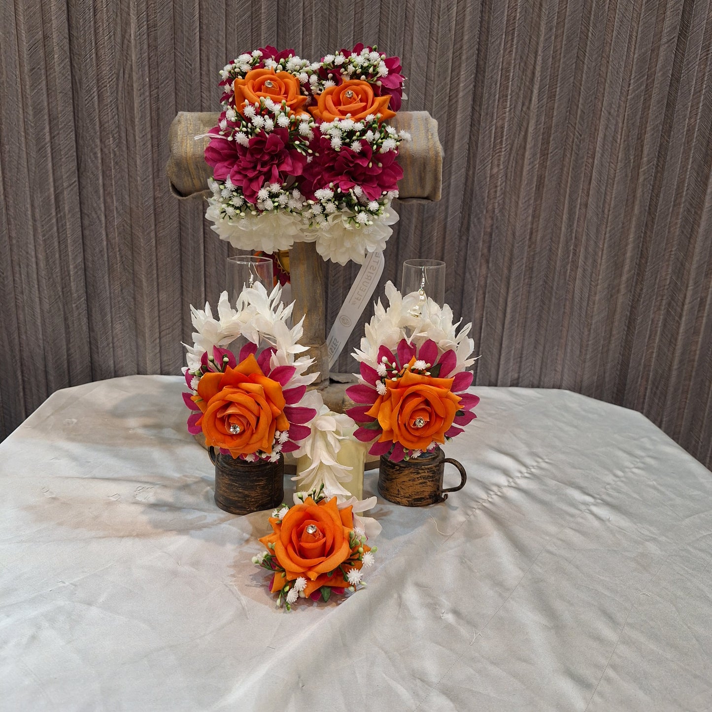 Handcrafted Orange & Magenta Floral Jewellery Set with Gajray
