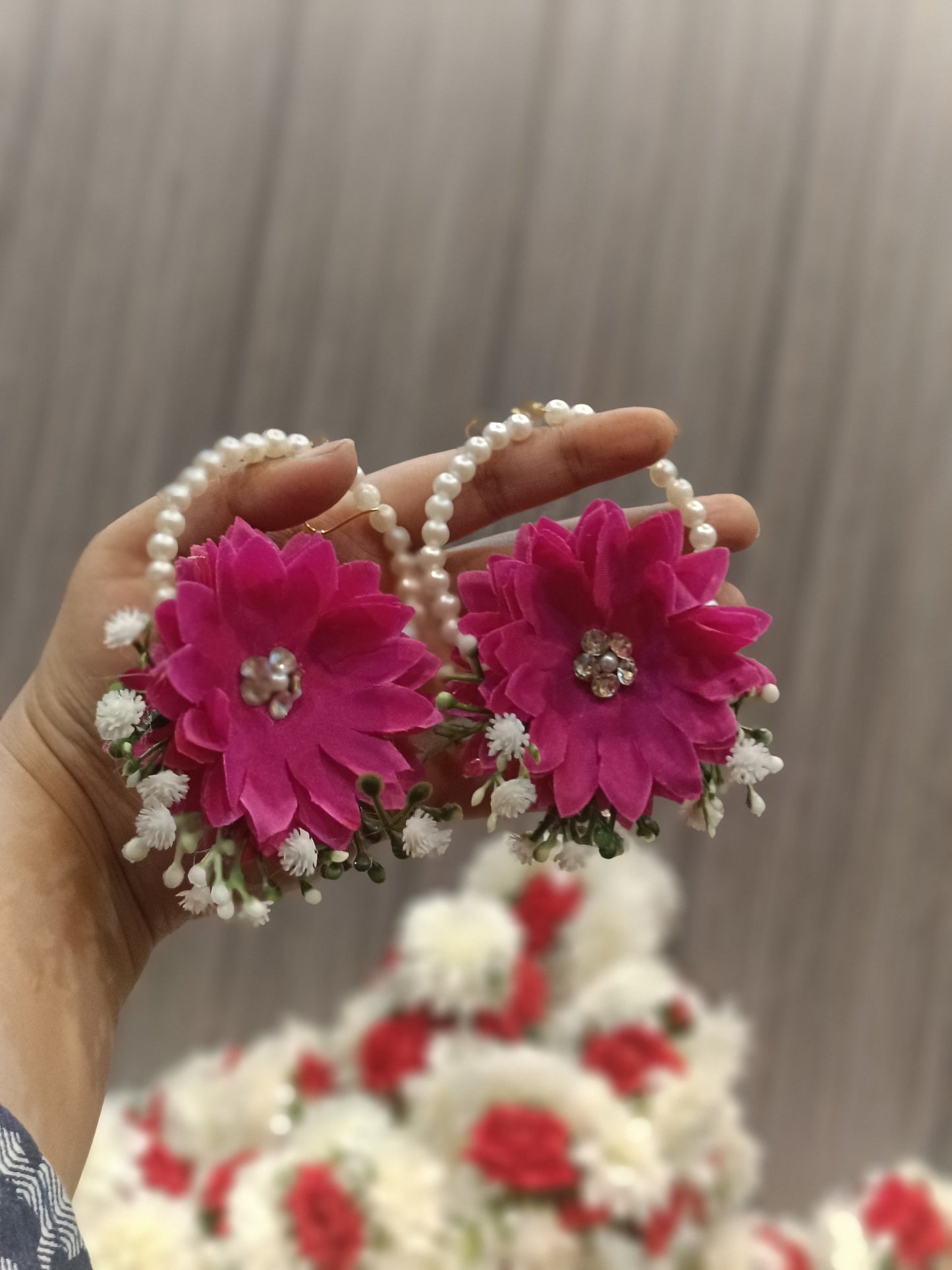 Handcrafted Magenta Floral Jewelry Set with Pearl Hoops & Gajray
