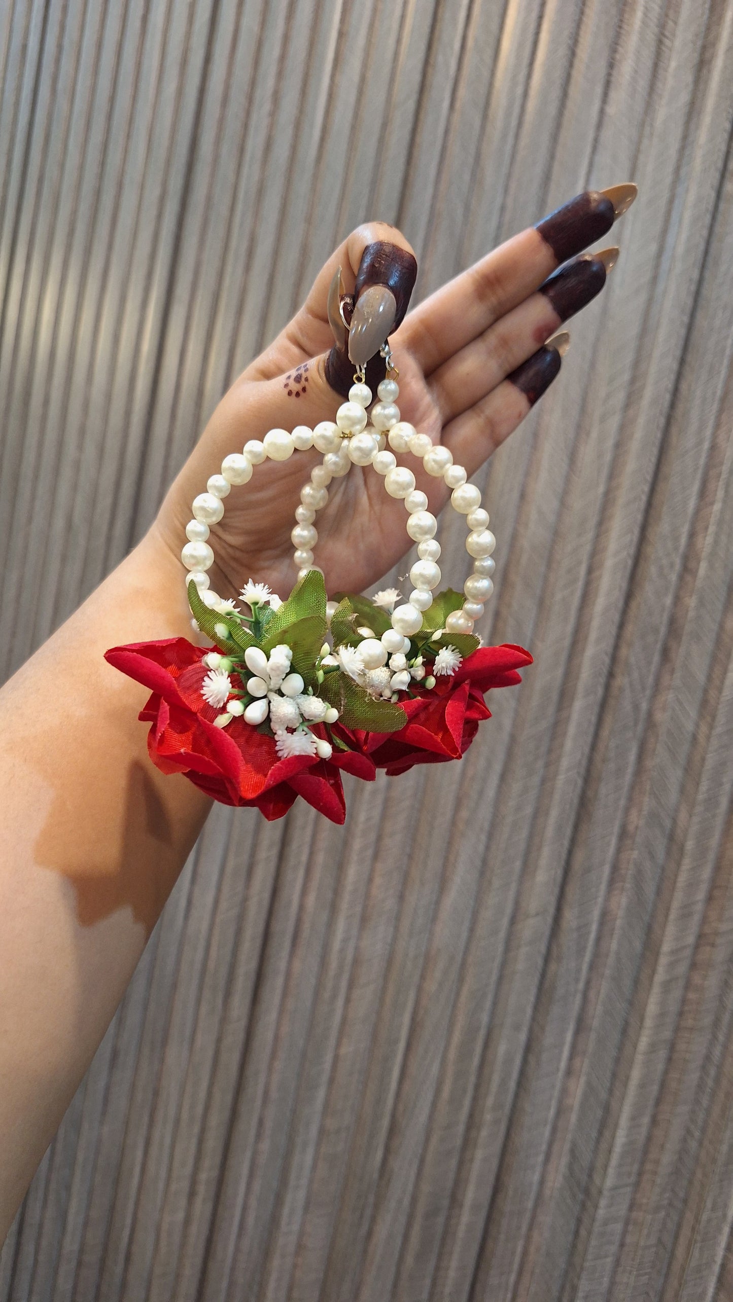 Elegant Red Rose & Pearl Floral Jewelry Set