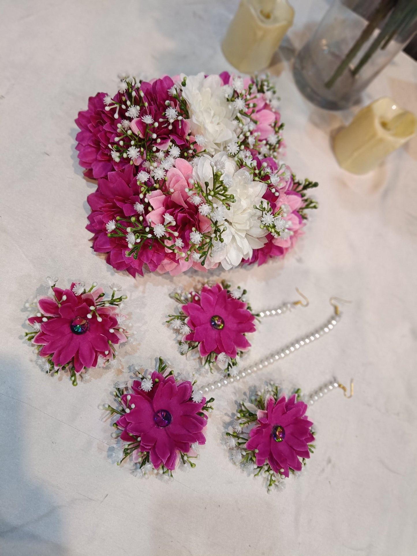 Magenta & White Floral Jewelry Set with Pearl Accents