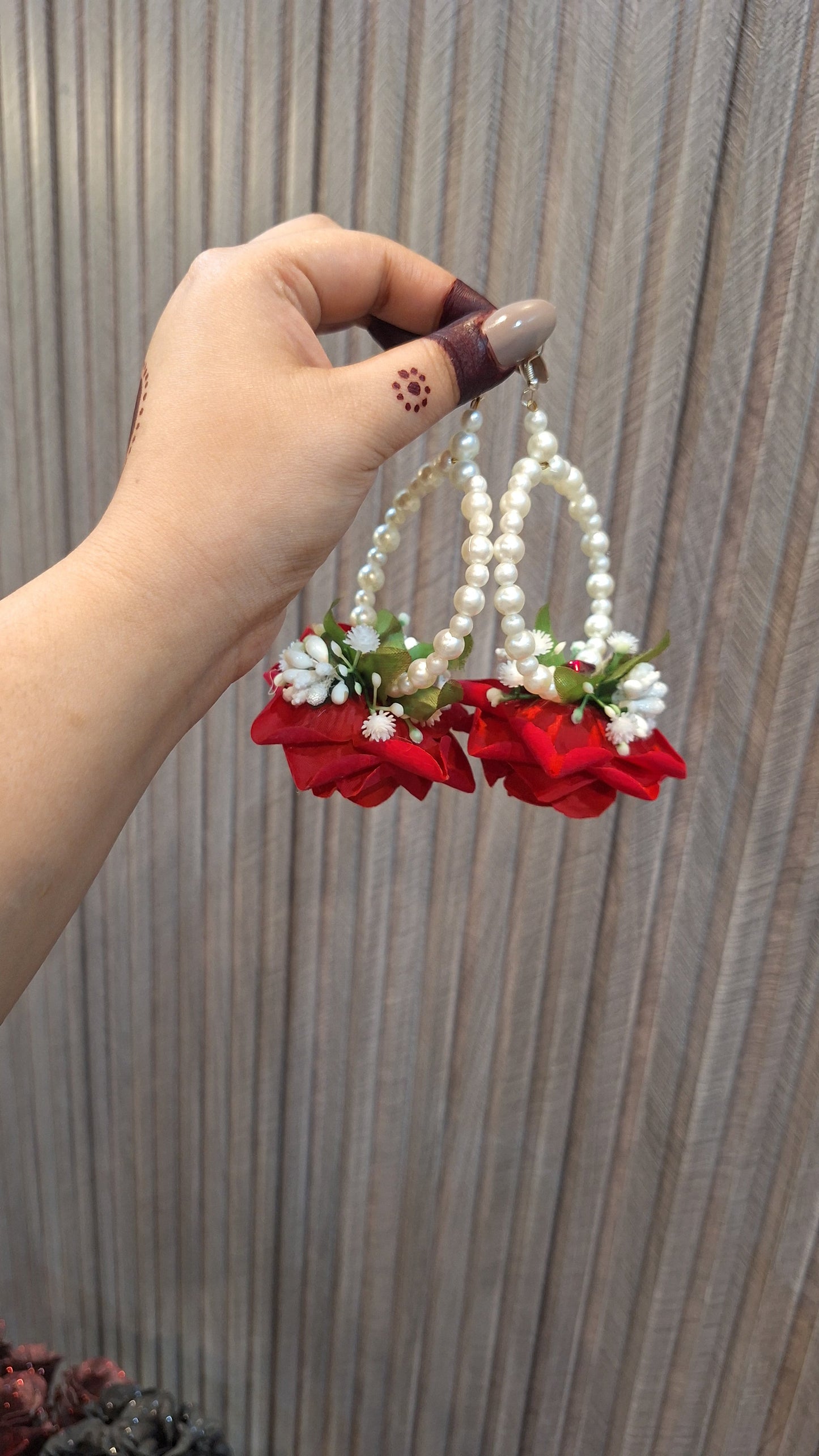 Elegant Red Rose & Pearl Floral Jewelry Set