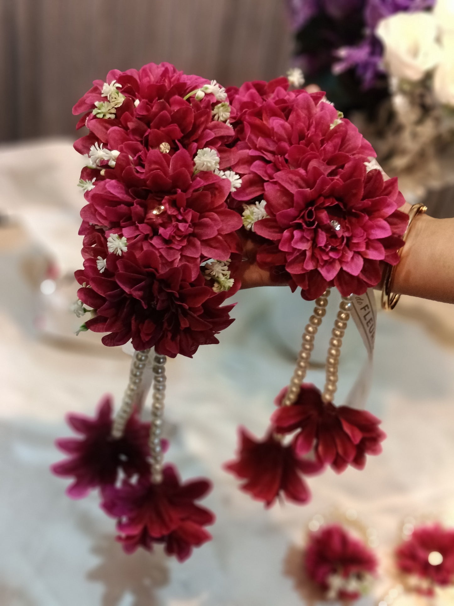 Maroon Floral Jewellery Set with Pearl Hangings