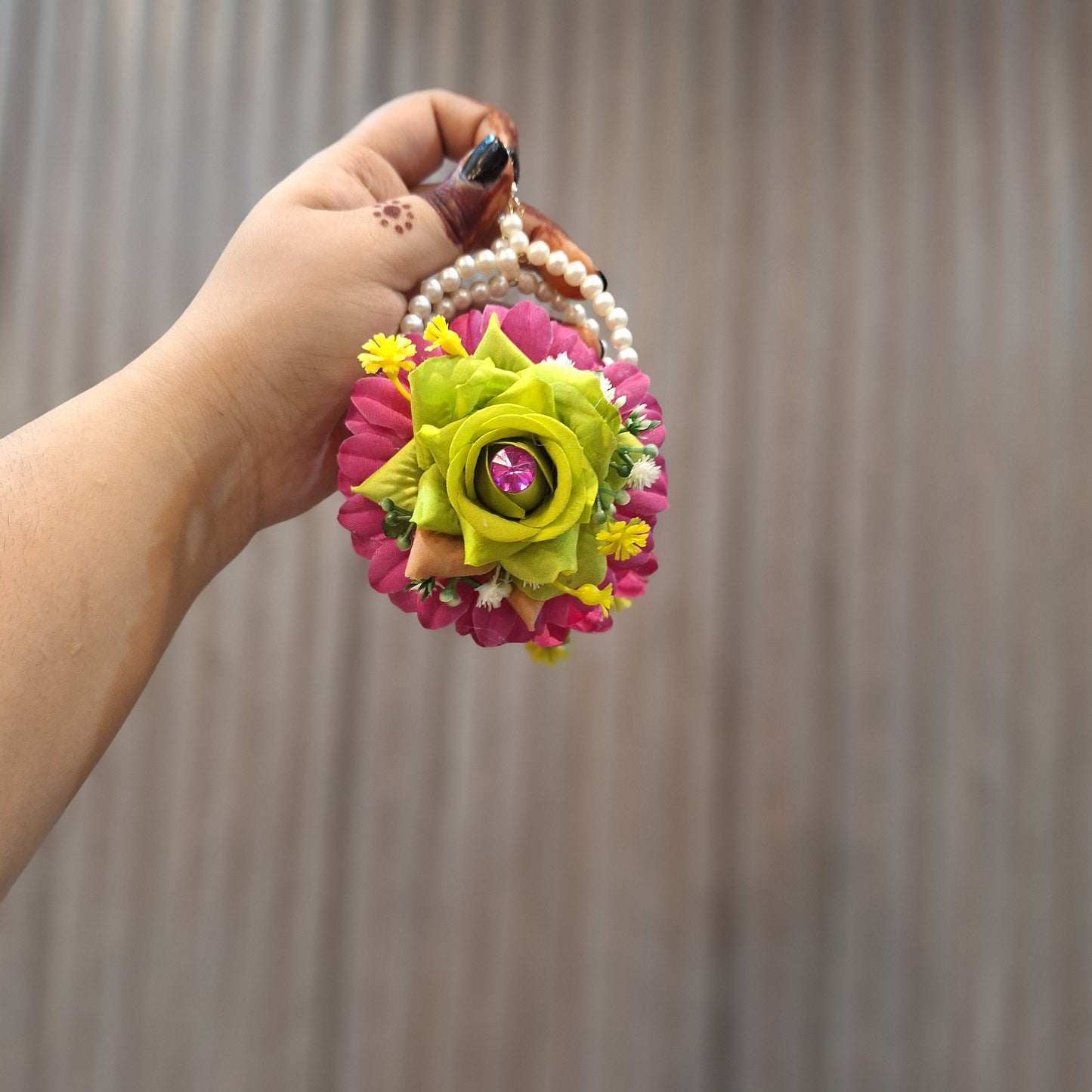 Handcrafted Magenta & Lime Green Floral Jewellery Set with Pearl Accents