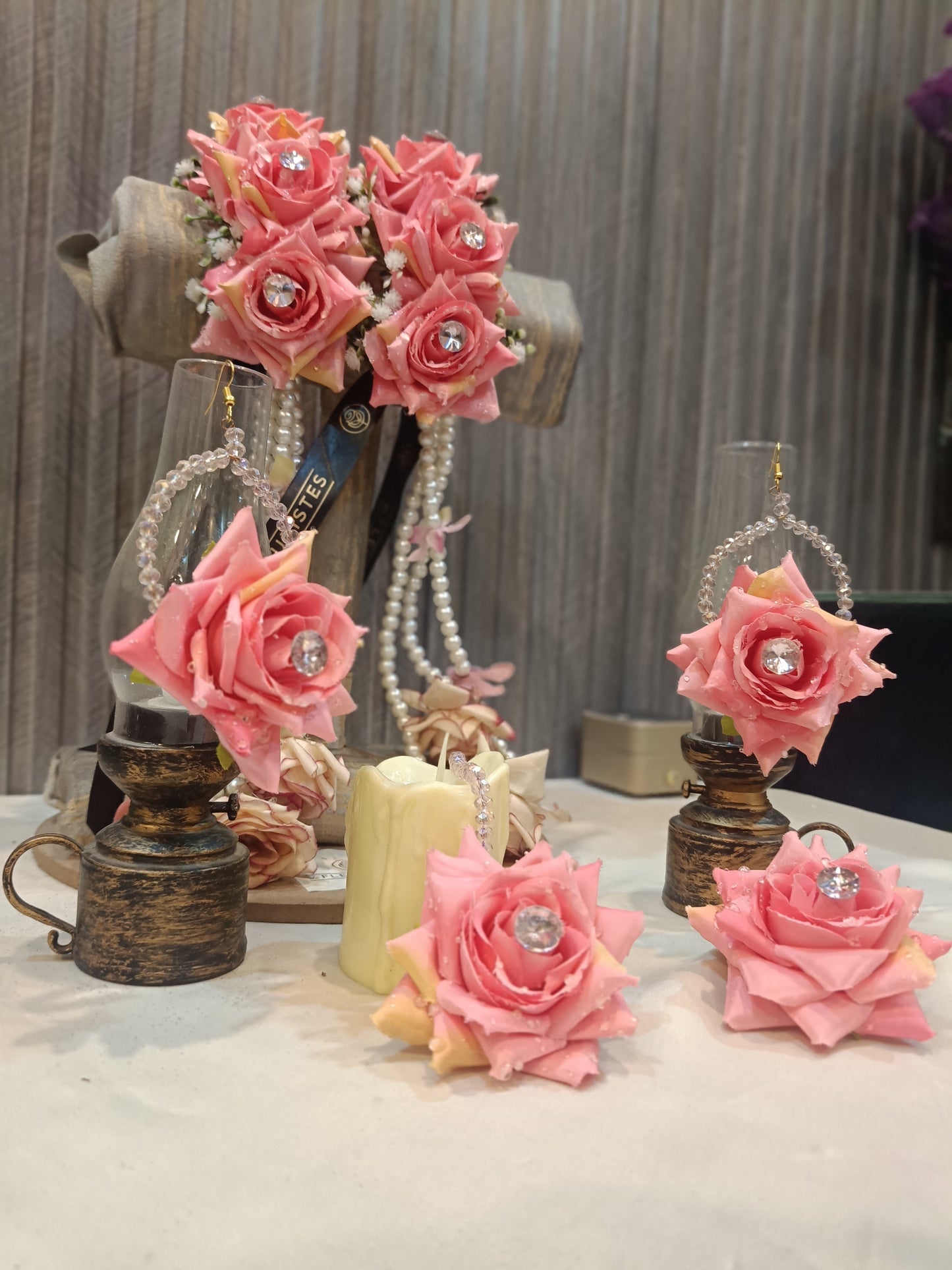 Blushing Pink Rose Floral Jewelry Set with Pearl Accents