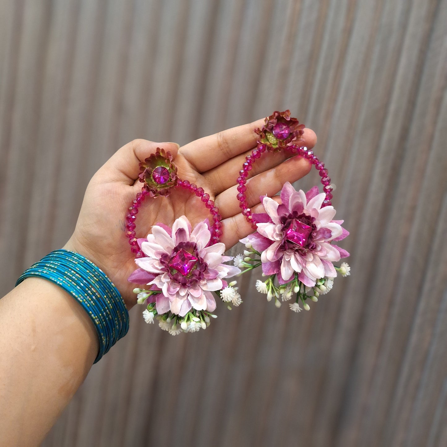 Handcrafted Pink Floral Hoop Earrings with Magenta Accents