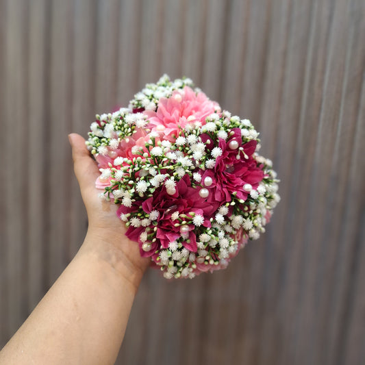 Pink and Magenta Floral Bun Gajara with Pearl Accents
