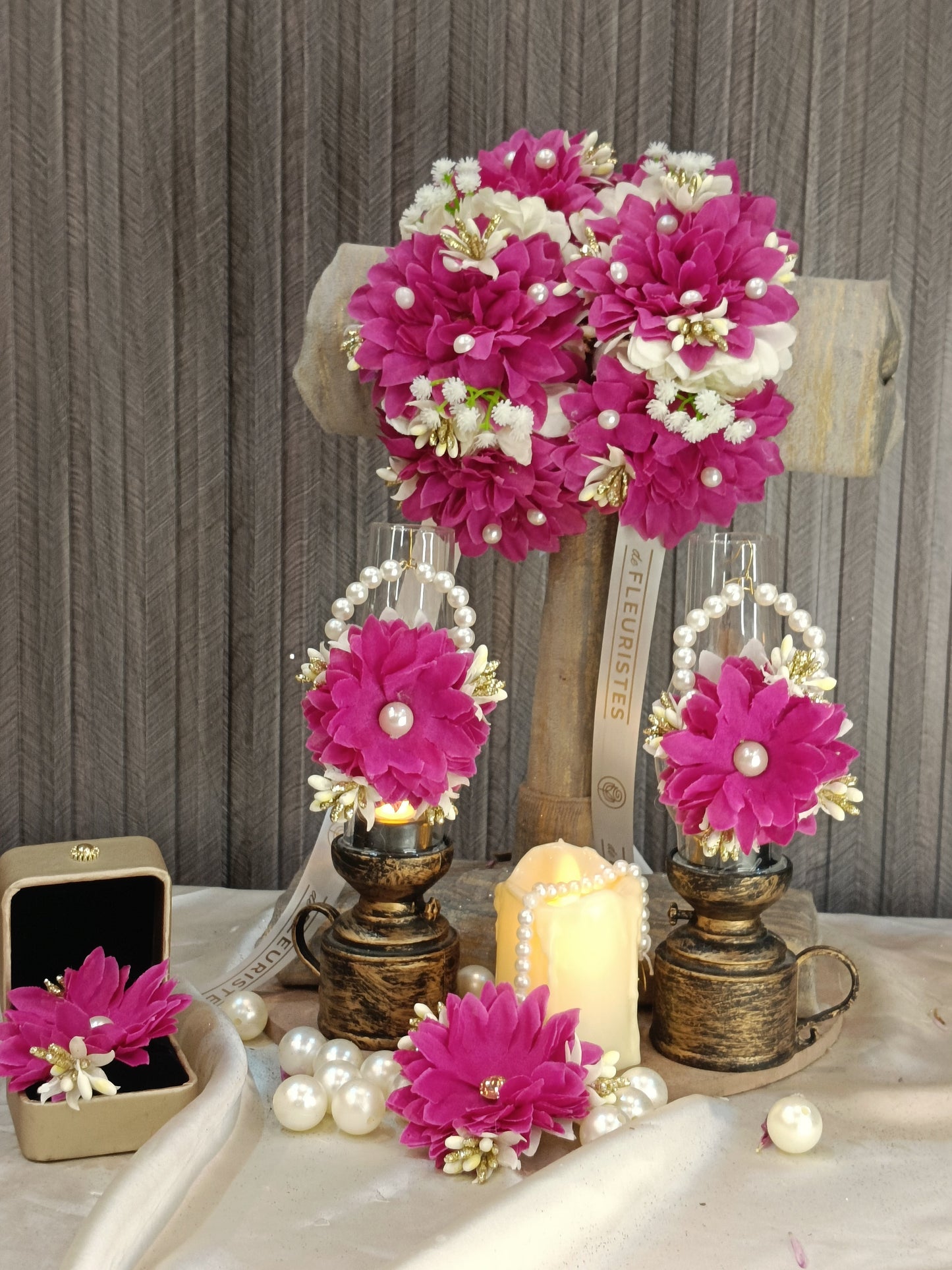 Magenta & Pearl Floral Jewelry Set for Mehndi & Mayun