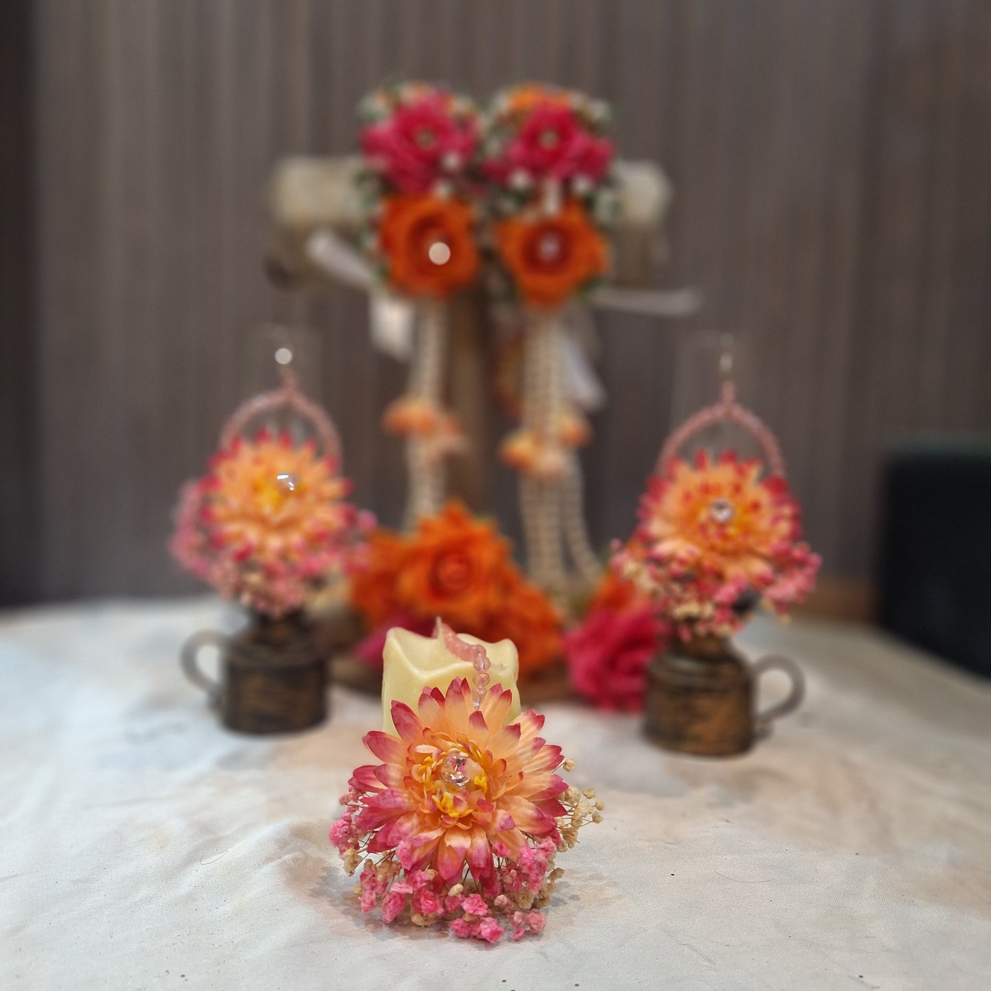 Vibrant Floral Jewelry Set with Orange Roses and Pearl Accents