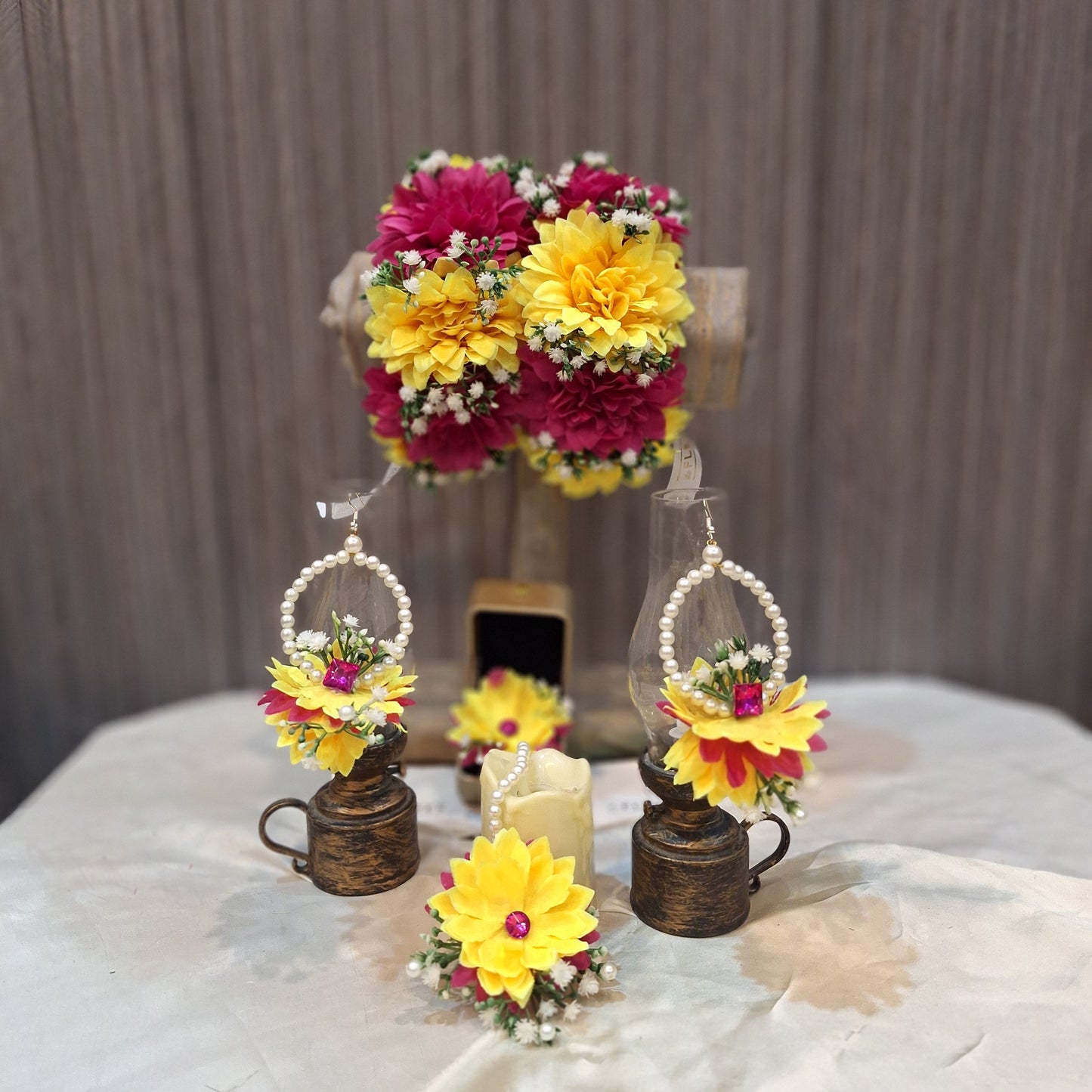 Handcrafted Yellow & Magenta Floral Jewelry Set with Pearl Accents