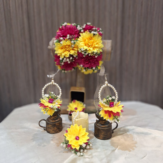 Handcrafted Yellow & Magenta Floral Jewelry Set with Pearl Accents