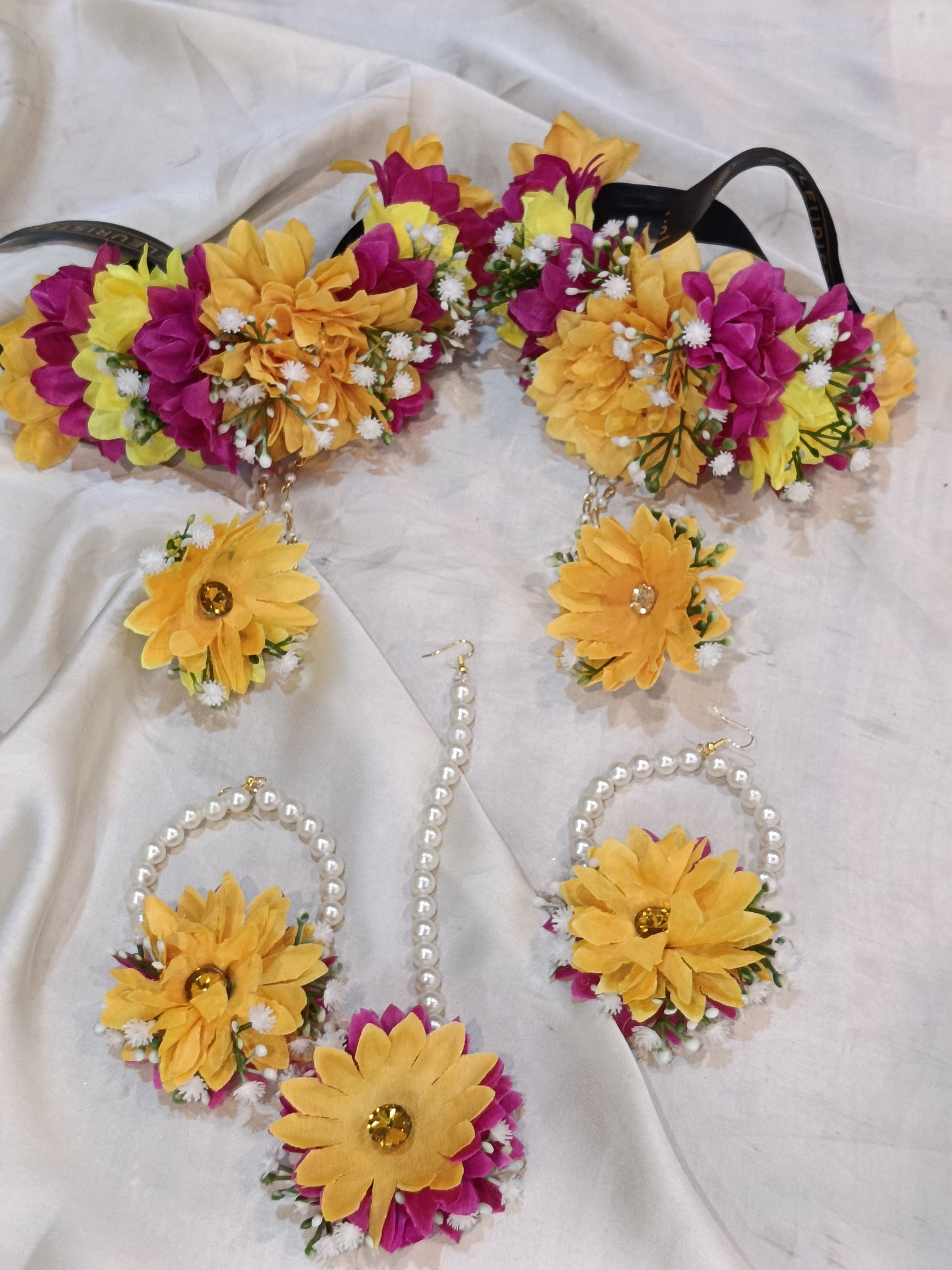 Vibrant Yellow & Magenta Floral Jewelry Set with Pearl Accents