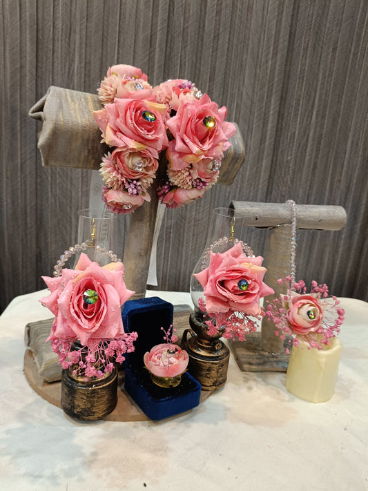 Blushing Pink Rose Bridal Floral Jewelry Set