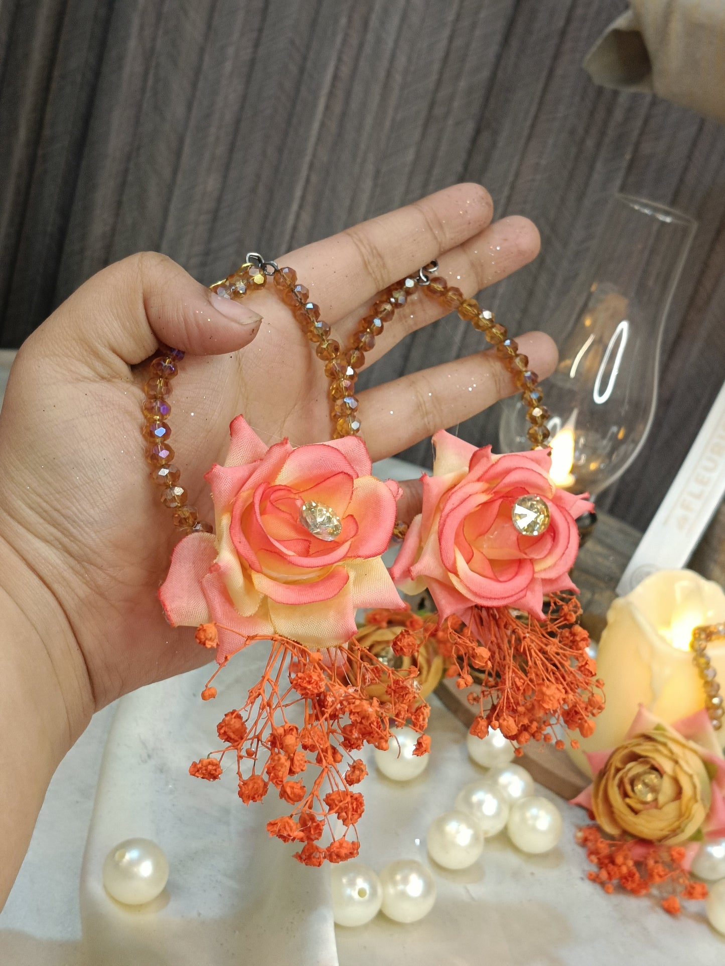 Peach and Amber Floral Jewelry Set with Diamante Accents