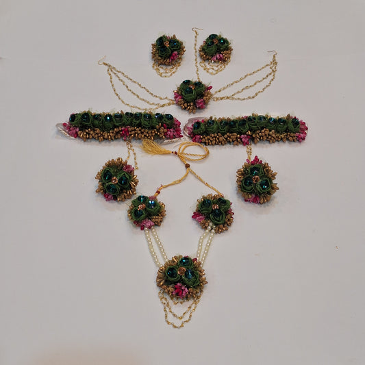 Emerald Green & Magenta Floral Jewellery Set with Pearl Accents