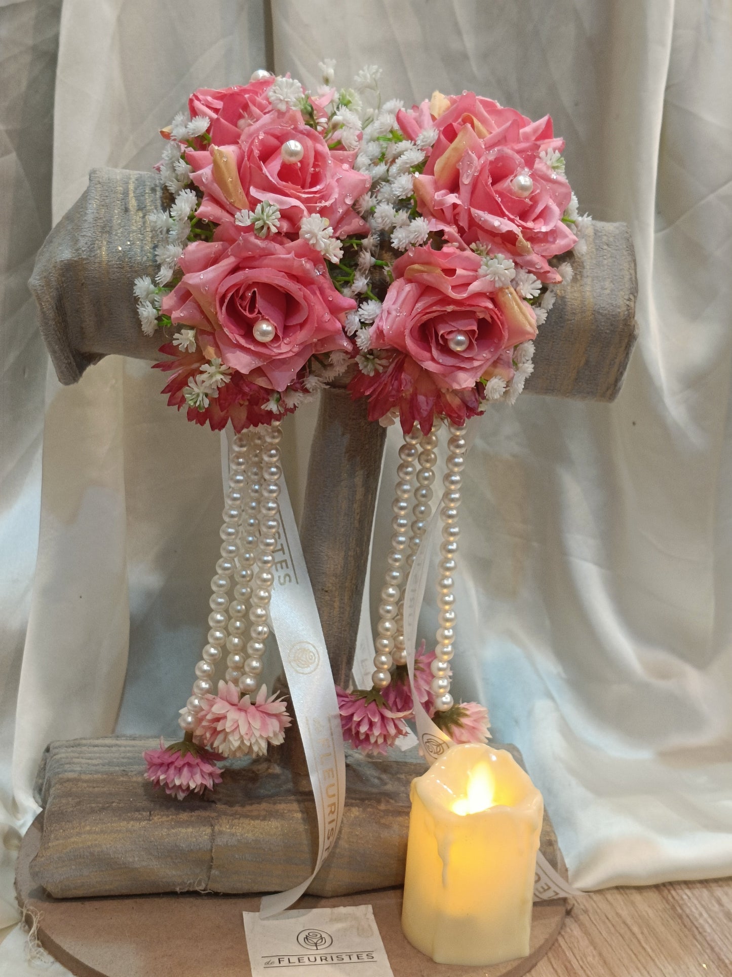 Elegant Pink Rose & Pearl Gajra with Floral Tassels