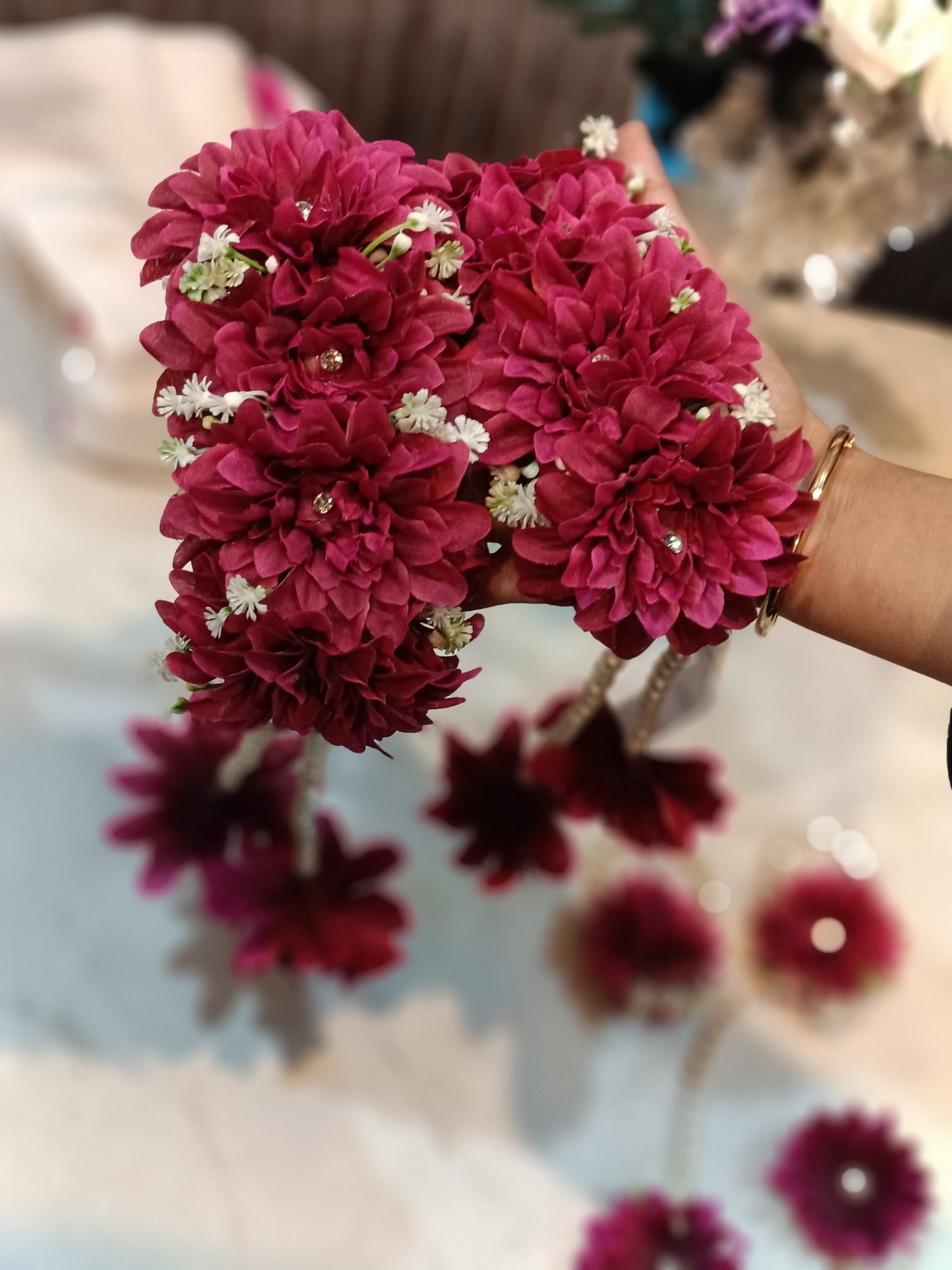 Maroon Floral Jewellery Set with Pearl Hangings
