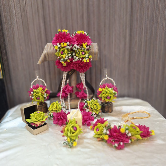 Handcrafted Magenta & Lime Green Floral Jewellery Set with Pearl Accents