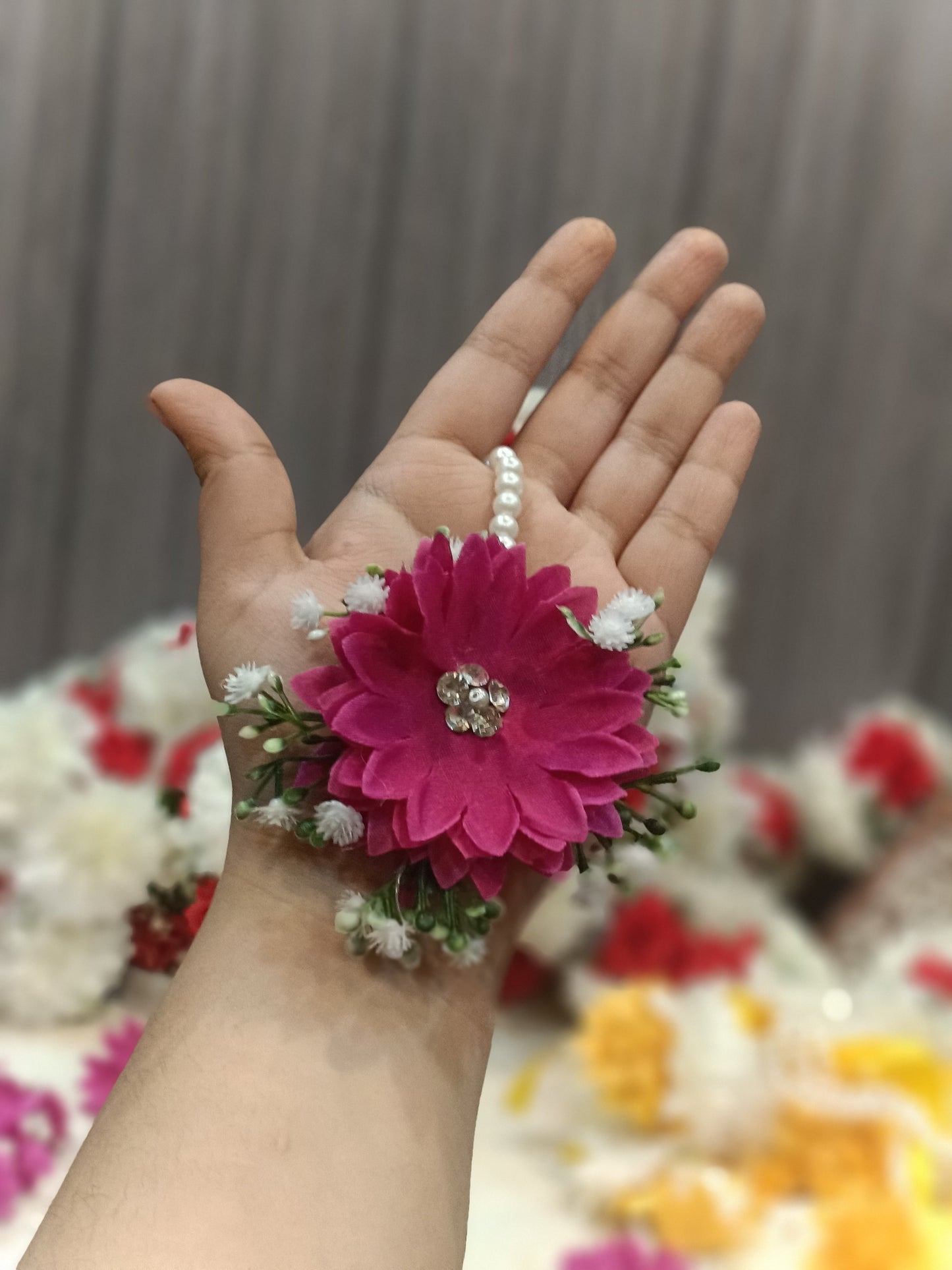 Handcrafted Magenta Floral Jewelry Set with Pearl Hoops & Gajray